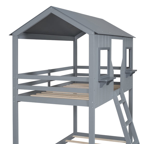English Elm Twin Over Pine Bunk Bed Playhouse Design with Roof Windows and Guardrails LT000045AAE-1