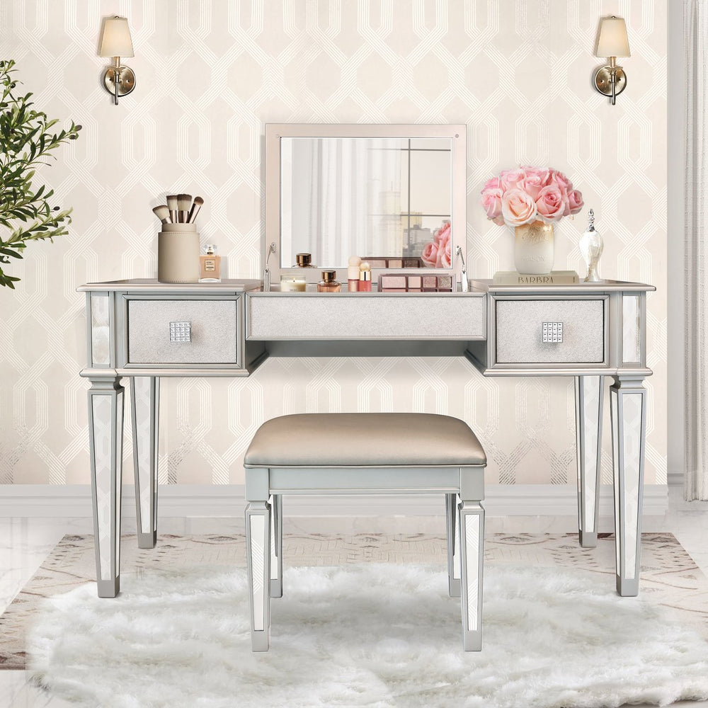 English Elm Mirrored Vanity Desk with Drawers, Silver Flip-Up Makeup Table Set with Stool, Crystal Knobs, Storage W2170140324