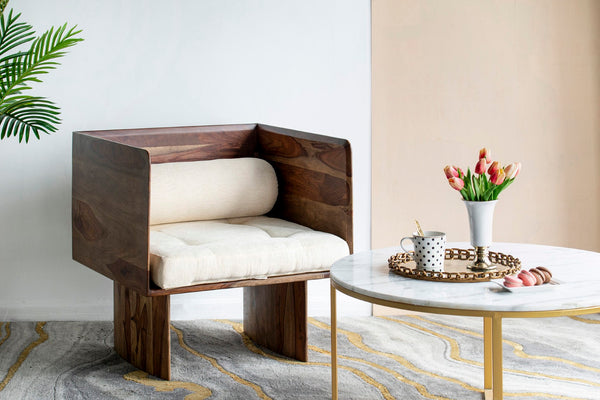 English Elm 29.5x27.6x30" Tufted Beige Cotton Accent Chair with Solid Sheesham Wood Panel Legs W2078P179275