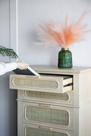 English Elm 29X18X46" Coastal-Inspired Tall Chest With Cane Drawers - Mid-Century Modern Storage Solution For Home W2078P179286