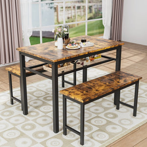 English Elm 3 Piece Farmhouse Dining Set with Two Benches, Espresso MDF & Metal Frame, Sturdy Rustic Style W57868889