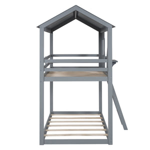 English Elm Twin Over Pine Bunk Bed Playhouse Design with Roof Windows and Guardrails LT000045AAE-1