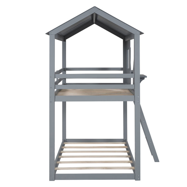 English Elm Twin Over Pine Bunk Bed Playhouse Design with Roof Windows and Guardrails LT000045AAE-1