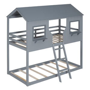 English Elm Twin Over Pine Bunk Bed Playhouse Design with Roof Windows and Guardrails LT000045AAE-1
