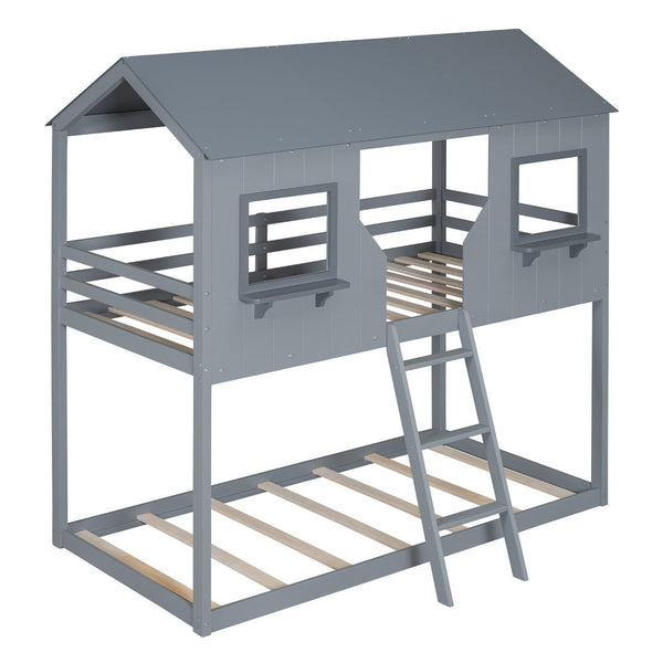 English Elm Twin Over Pine Bunk Bed Playhouse Design with Roof Windows and Guardrails LT000045AAE-1