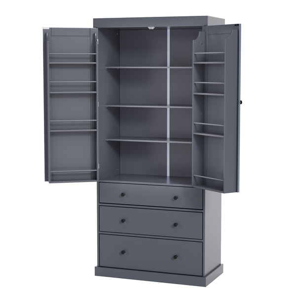 English Elm [Assembly 77in Farmhouse Kitchen Pantry Tall Freestanding Storage Cabinet with 3 Adjustable Shelves, 8 Door Shelves, 3 Drawers, Durable MDF Gray SP000047AAE