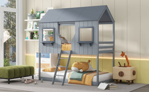 English Elm Twin Over Pine Bunk Bed Playhouse Design with Roof Windows and Guardrails LT000045AAE-1