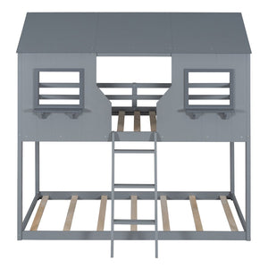 English Elm Twin Over Pine Bunk Bed Playhouse Design with Roof Windows and Guardrails LT000045AAE-1