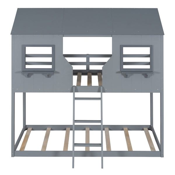 English Elm Twin Over Pine Bunk Bed Playhouse Design with Roof Windows and Guardrails LT000045AAE-1