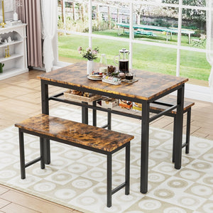 English Elm 3 Piece Farmhouse Dining Set with Two Benches, Espresso MDF & Metal Frame, Sturdy Rustic Style W57868889