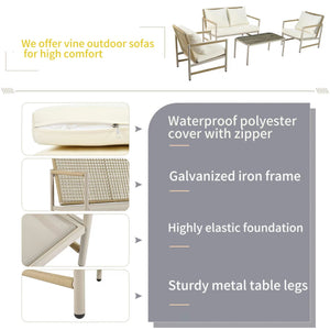 English Elm 4 Piece Patio Rattan Set with High-Rebound Cushions and Wood-Grain Tempered Glass Tabletop, Stylish Outdoor Conversation Sofa for Garden Balcony Poolside White+Natural W2337S00002