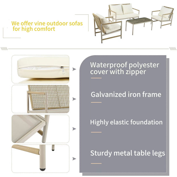 English Elm 4 Piece Patio Rattan Set with High-Rebound Cushions and Wood-Grain Tempered Glass Tabletop, Stylish Outdoor Conversation Sofa for Garden Balcony Poolside White+Natural W2337S00002