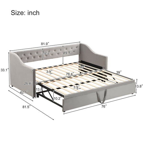 English Elm Twin Upholstered Daybed with Pop-Up Trundle, Space-Saving Guest Bed with Slats, Hydraulic Wheels, 81.9" L Gray SF000133AAE