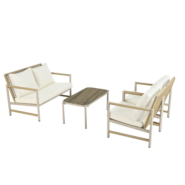 English Elm 4 Piece Patio Rattan Set with High-Rebound Cushions and Wood-Grain Tempered Glass Tabletop, Stylish Outdoor Conversation Sofa for Garden Balcony Poolside White+Natural W2337S00002