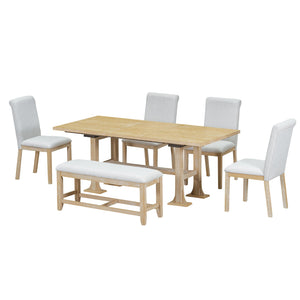 English Elm TOPMAX 76-inch Extendable Trestle Dining Set with 18" Removable Leaf, Upholstered Chairs & Bench Natural SP000048AAA