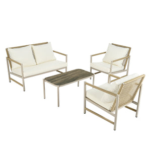 English Elm 4 Piece Patio Rattan Set with High-Rebound Cushions and Wood-Grain Tempered Glass Tabletop, Stylish Outdoor Conversation Sofa for Garden Balcony Poolside White+Natural W2337S00002