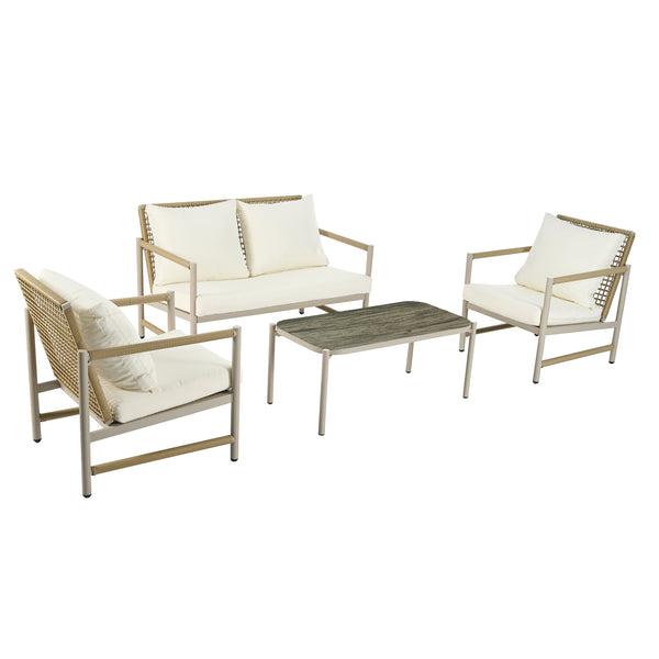 English Elm 4 Piece Patio Rattan Set with High-Rebound Cushions and Wood-Grain Tempered Glass Tabletop, Stylish Outdoor Conversation Sofa for Garden Balcony Poolside White+Natural W2337S00002