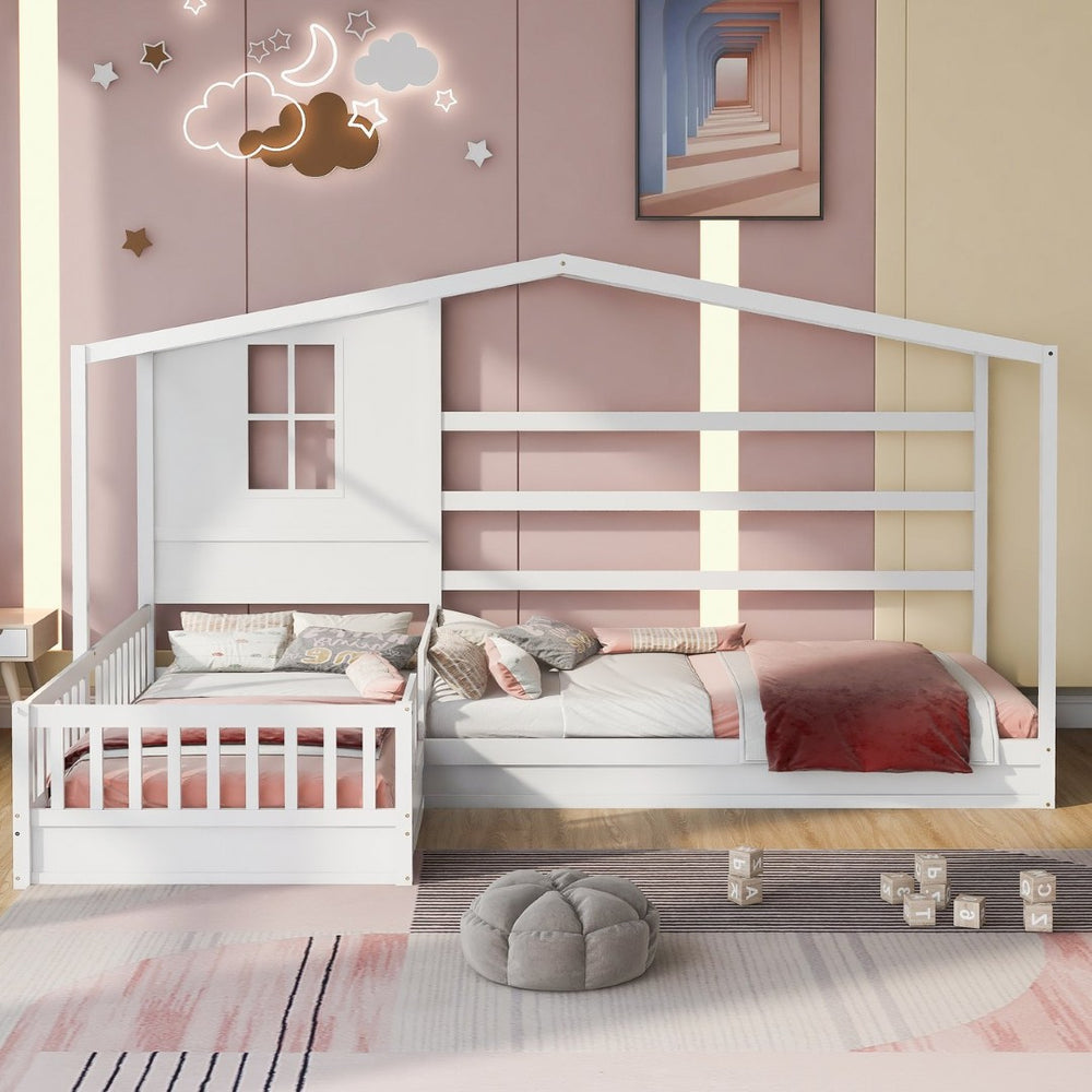 English Elm Wood House Twin L-shaped Kids Bed Solid Pine Playhouse Frame with Slatted Support LP001345AAK