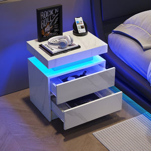 English Elm Nightstand Modern Led Bedside Table With 2 Drawers - Stylish Storage & Ambiance For Any Room W2371P173487