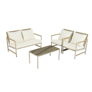 English Elm 4 Piece Patio Rattan Set with High-Rebound Cushions and Wood-Grain Tempered Glass Tabletop, Stylish Outdoor Conversation Sofa for Garden Balcony Poolside White+Natural W2337S00002