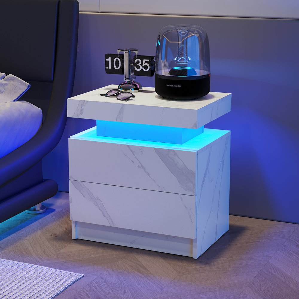 English Elm Nightstand Modern Led Bedside Table With 2 Drawers - Stylish Storage & Ambiance For Any Room W2371P173487