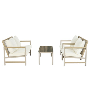 English Elm 4 Piece Patio Rattan Set with High-Rebound Cushions and Wood-Grain Tempered Glass Tabletop, Stylish Outdoor Conversation Sofa for Garden Balcony Poolside White+Natural W2337S00002
