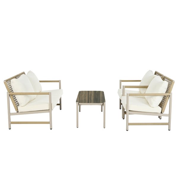 English Elm 4 Piece Patio Rattan Set with High-Rebound Cushions and Wood-Grain Tempered Glass Tabletop, Stylish Outdoor Conversation Sofa for Garden Balcony Poolside White+Natural W2337S00002