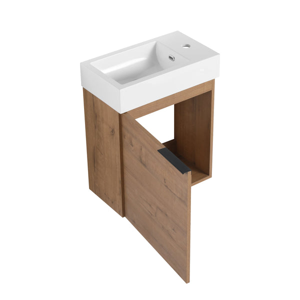 English Elm 18'' Floating Vanity with White Resin Sink, Soft-Close Door, Open Shelf Storage & Water-Resist Finish W999P180170
