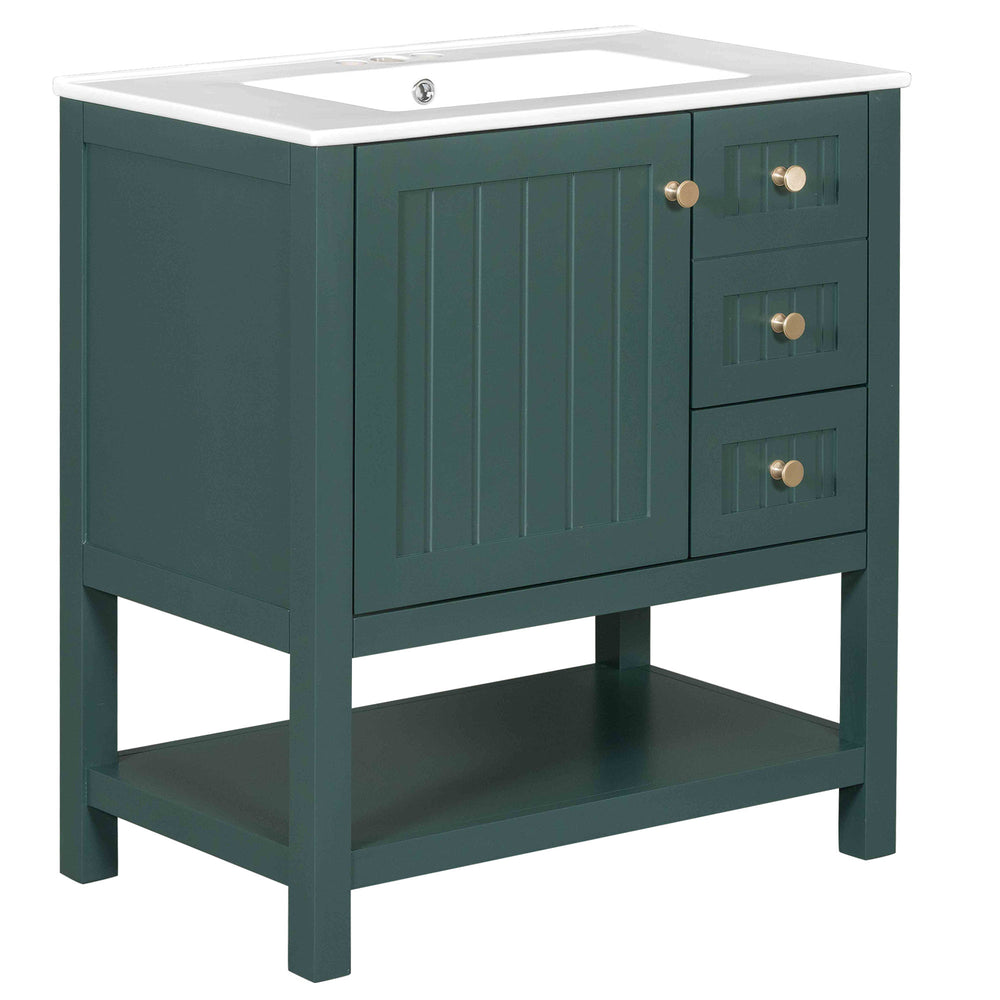 English Elm 30inch Transitional Bathroom Vanity Cabinet Combo with Ceramic Sink, Green Solid Wood MDF, 30"W x18"D, 3pc Storage WF320826AAF