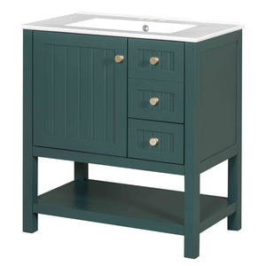 English Elm 30inch Transitional Bathroom Vanity Cabinet Combo with Ceramic Sink, Green Solid Wood MDF, 30"W x18"D, 3pc Storage WF320826AAF
