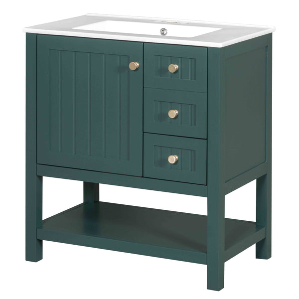 English Elm 30inch Transitional Bathroom Vanity Cabinet Combo with Ceramic Sink, Green Solid Wood MDF, 30"W x18"D, 3pc Storage WF320826AAF