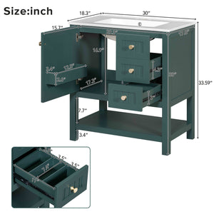 English Elm 30inch Transitional Bathroom Vanity Cabinet Combo with Ceramic Sink, Green Solid Wood MDF, 30"W x18"D, 3pc Storage WF320826AAF