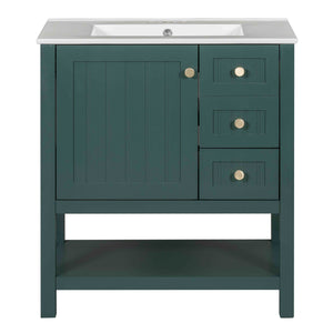English Elm 30inch Transitional Bathroom Vanity Cabinet Combo with Ceramic Sink, Green Solid Wood MDF, 30"W x18"D, 3pc Storage WF320826AAF
