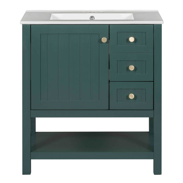 English Elm 30inch Transitional Bathroom Vanity Cabinet Combo with Ceramic Sink, Green Solid Wood MDF, 30"W x18"D, 3pc Storage WF320826AAF