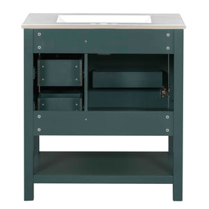 English Elm 30inch Transitional Bathroom Vanity Cabinet Combo with Ceramic Sink, Green Solid Wood MDF, 30"W x18"D, 3pc Storage WF320826AAF