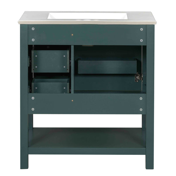 English Elm 30inch Transitional Bathroom Vanity Cabinet Combo with Ceramic Sink, Green Solid Wood MDF, 30"W x18"D, 3pc Storage WF320826AAF