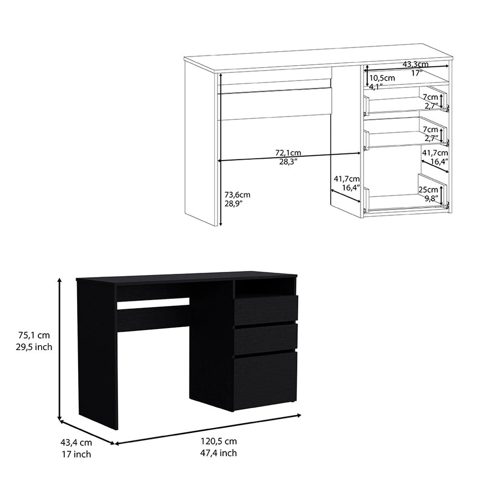 English Elm Kenai Compact 47.4" Computer Desk with 3 Drawers, Large Shelf & Cubby Storage in Sleek Black B097133044