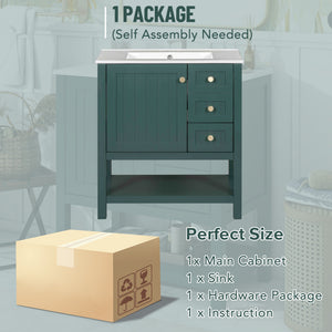 English Elm 30inch Transitional Bathroom Vanity Cabinet Combo with Ceramic Sink, Green Solid Wood MDF, 30"W x18"D, 3pc Storage WF320826AAF