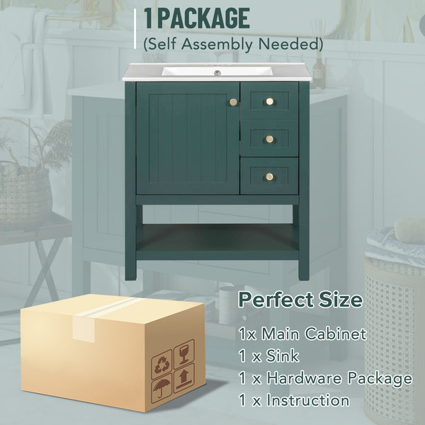 English Elm 30inch Transitional Bathroom Vanity Cabinet Combo with Ceramic Sink, Green Solid Wood MDF, 30"W x18"D, 3pc Storage WF320826AAF