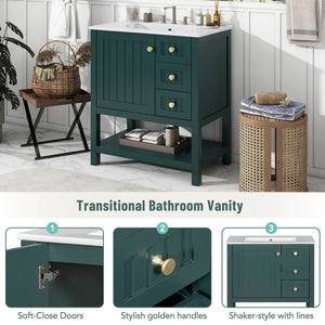 English Elm 30inch Transitional Bathroom Vanity Cabinet Combo with Ceramic Sink, Green Solid Wood MDF, 30"W x18"D, 3pc Storage WF320826AAF