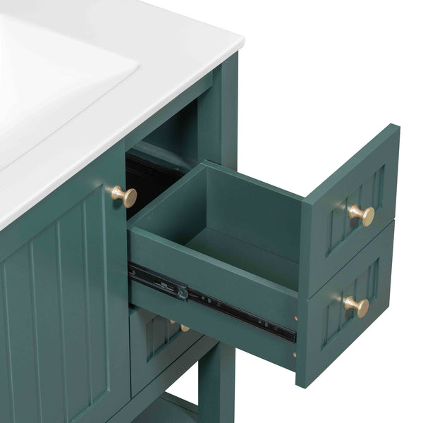 English Elm 30inch Transitional Bathroom Vanity Cabinet Combo with Ceramic Sink, Green Solid Wood MDF, 30"W x18"D, 3pc Storage WF320826AAF