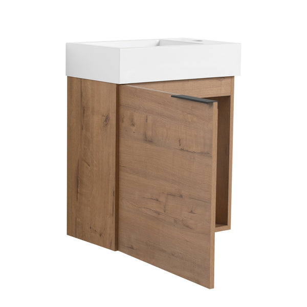 English Elm 18'' Floating Vanity with White Resin Sink, Soft-Close Door, Open Shelf Storage & Water-Resist Finish W999P180170