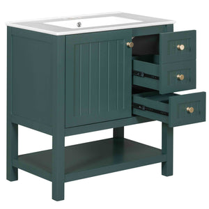 English Elm 30inch Transitional Bathroom Vanity Cabinet Combo with Ceramic Sink, Green Solid Wood MDF, 30"W x18"D, 3pc Storage WF320826AAF