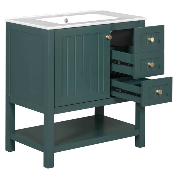 English Elm 30inch Transitional Bathroom Vanity Cabinet Combo with Ceramic Sink, Green Solid Wood MDF, 30"W x18"D, 3pc Storage WF320826AAF