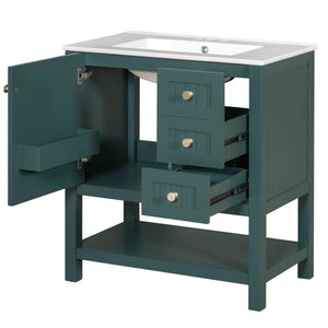 English Elm 30inch Transitional Bathroom Vanity Cabinet Combo with Ceramic Sink, Green Solid Wood MDF, 30"W x18"D, 3pc Storage WF320826AAF