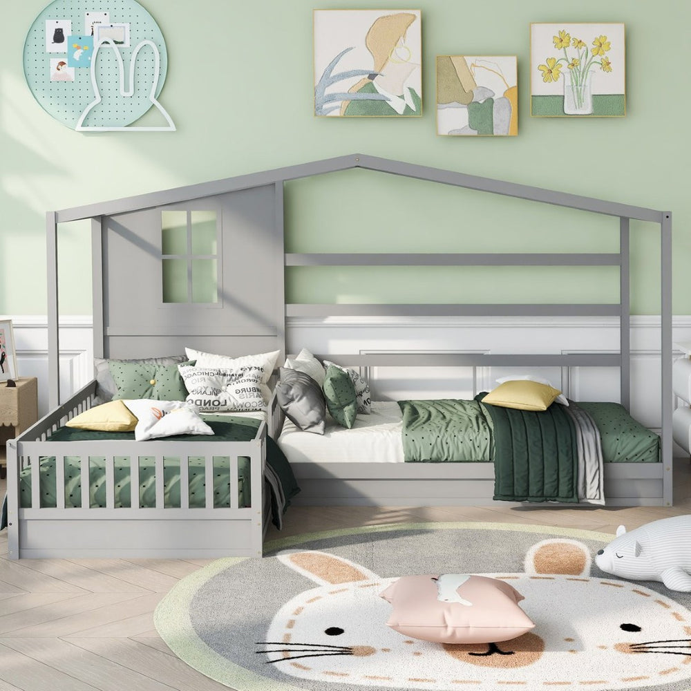 English Elm Wood House Bed L Shaped Twin Frame Solid Pine Kids Bedroom with Fence Rail Slats LP001345AAE