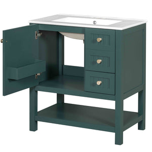 English Elm 30inch Transitional Bathroom Vanity Cabinet Combo with Ceramic Sink, Green Solid Wood MDF, 30"W x18"D, 3pc Storage WF320826AAF