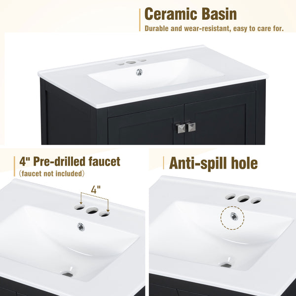 English Elm 30" Black Bathroom Vanity with Undermount Sink, Solid Wood Frame, Soft-Close Doors & Drawer Organizer WF324043AAB
