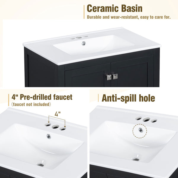 English Elm Modern 48 Inch Freestanding Bathroom Vanity Dual Ceramic Sinks Soft Close Gold Handles Black N729P000001B