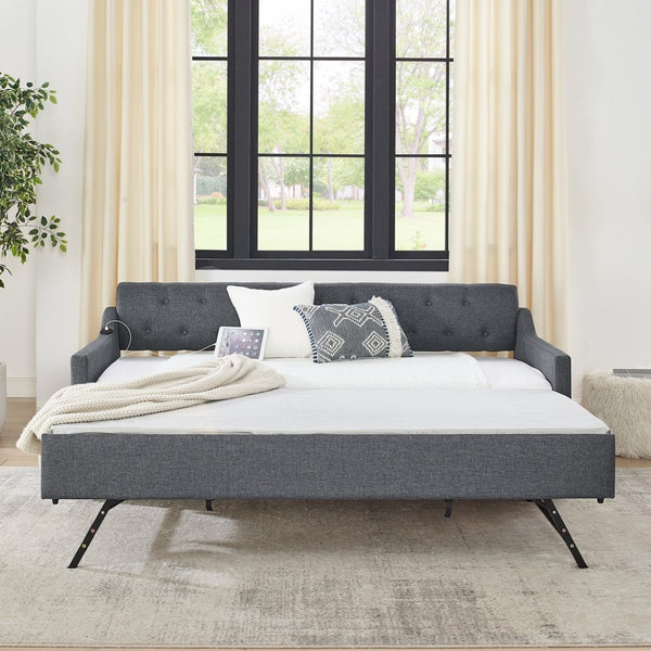 English Elm Spare Twin Linen Daybed with Trundle Usb Port Tufted Mid-century Modern Design W1413124456